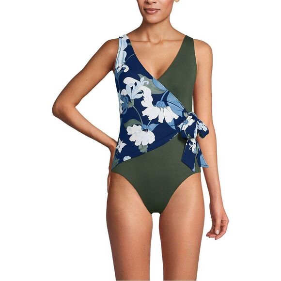 Land's End Plus Regular Side tie wrap one piece swimsuit black meadow floral Var - Picture 4 of 7